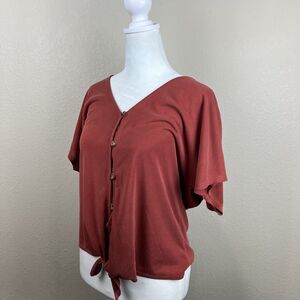 Green Envelope Shirt Women Small Button Front‎ Short Sleeve Tie Front Red